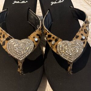 Yellow Box Black and Leopard Sandals with Silver Heart